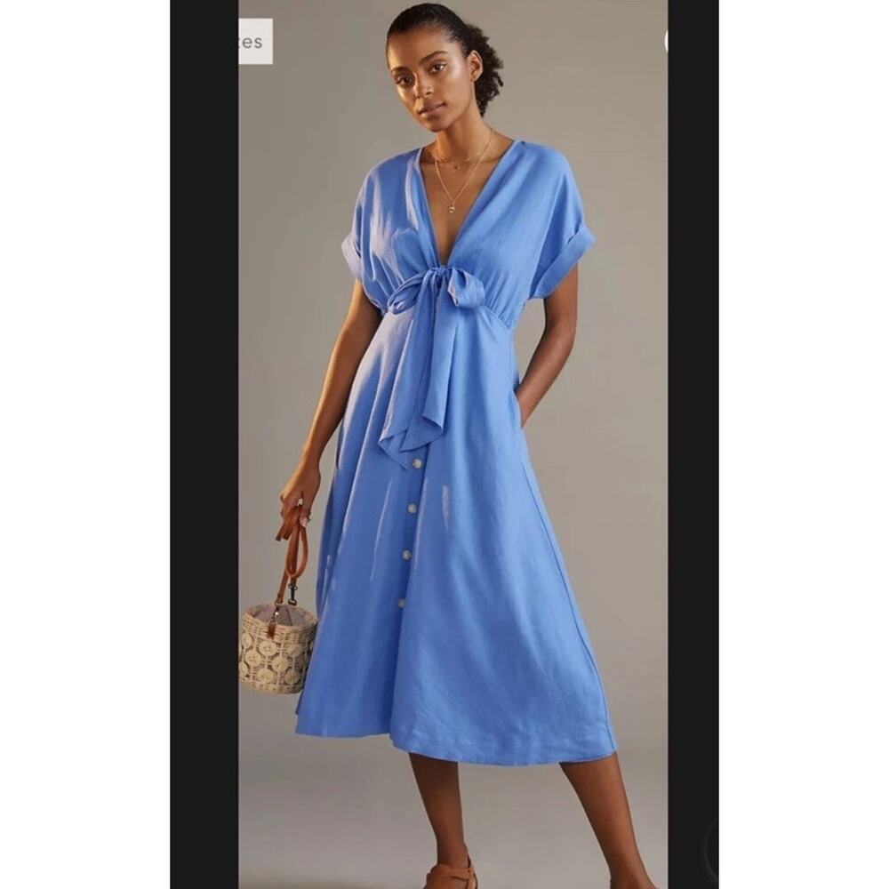 Maeve By Anthropologie Dress 16W Midi Tie Front Button Down Coastal Linen Blend - Picture 2 of 12